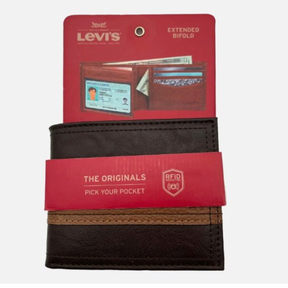 Levi's Men's RFID-Blocking Extended Bifold Wallet Brown/ Tan 2-ID Windows - Picture 2 of 13